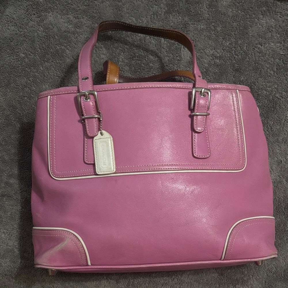 Coach Pink Leather Tote with White Accents